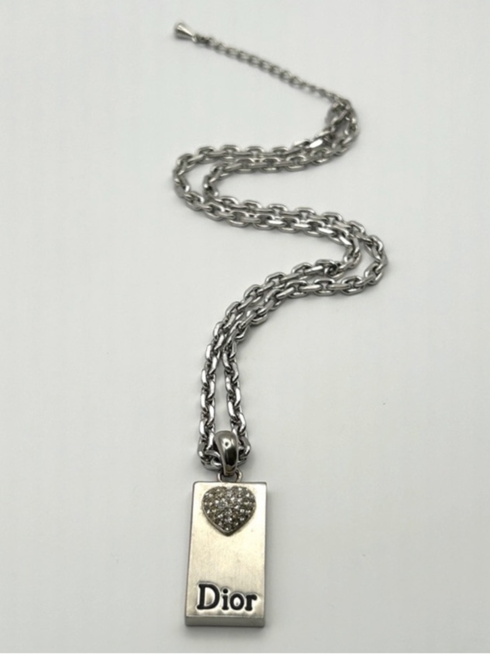 Dior Silver Rectangular Logo Tag Necklace with Crystal Heart Detail